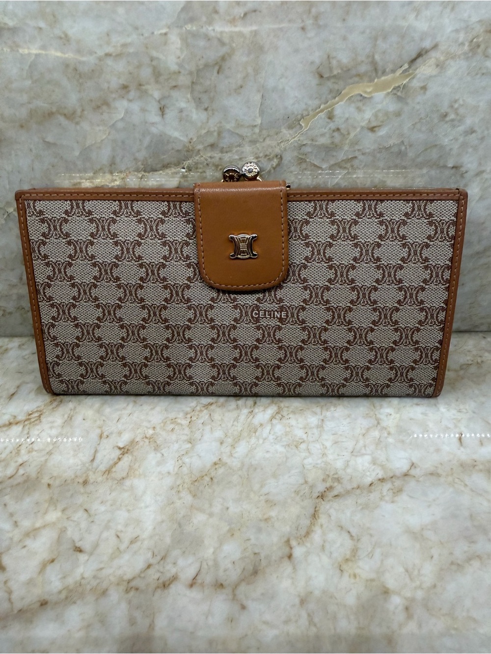 Celine Tan & Beige Triomphe Pattern Continental Wallet